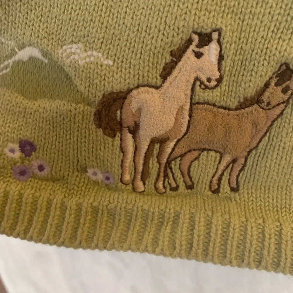 Vintage Gymboree Girls 2T Green Sweater Dress Cable Knit Horse Floral Equestrian